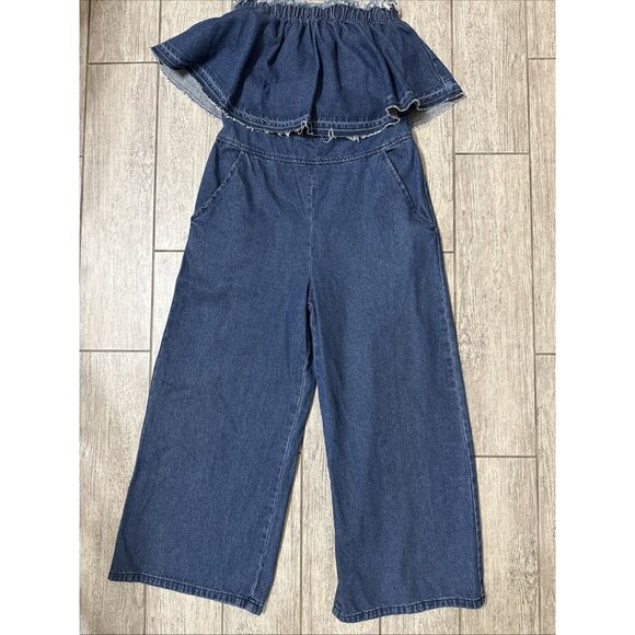 Anthropologie JOA Los Angeles Denim Strapless Jumpsuit With Frayed Hemline Med - Picture 7 of 9